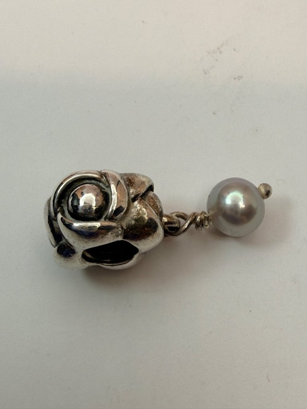 Retired Pandora Sterling Silver Flower Rose Pearl Dangle Charm S925 ALE